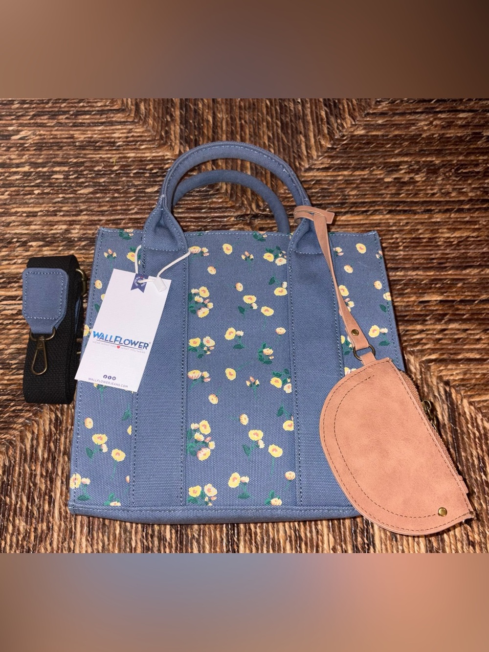 Wallflower Blue Floral Canvas Crossbody Tote with Tan Pouch Accent - NWT